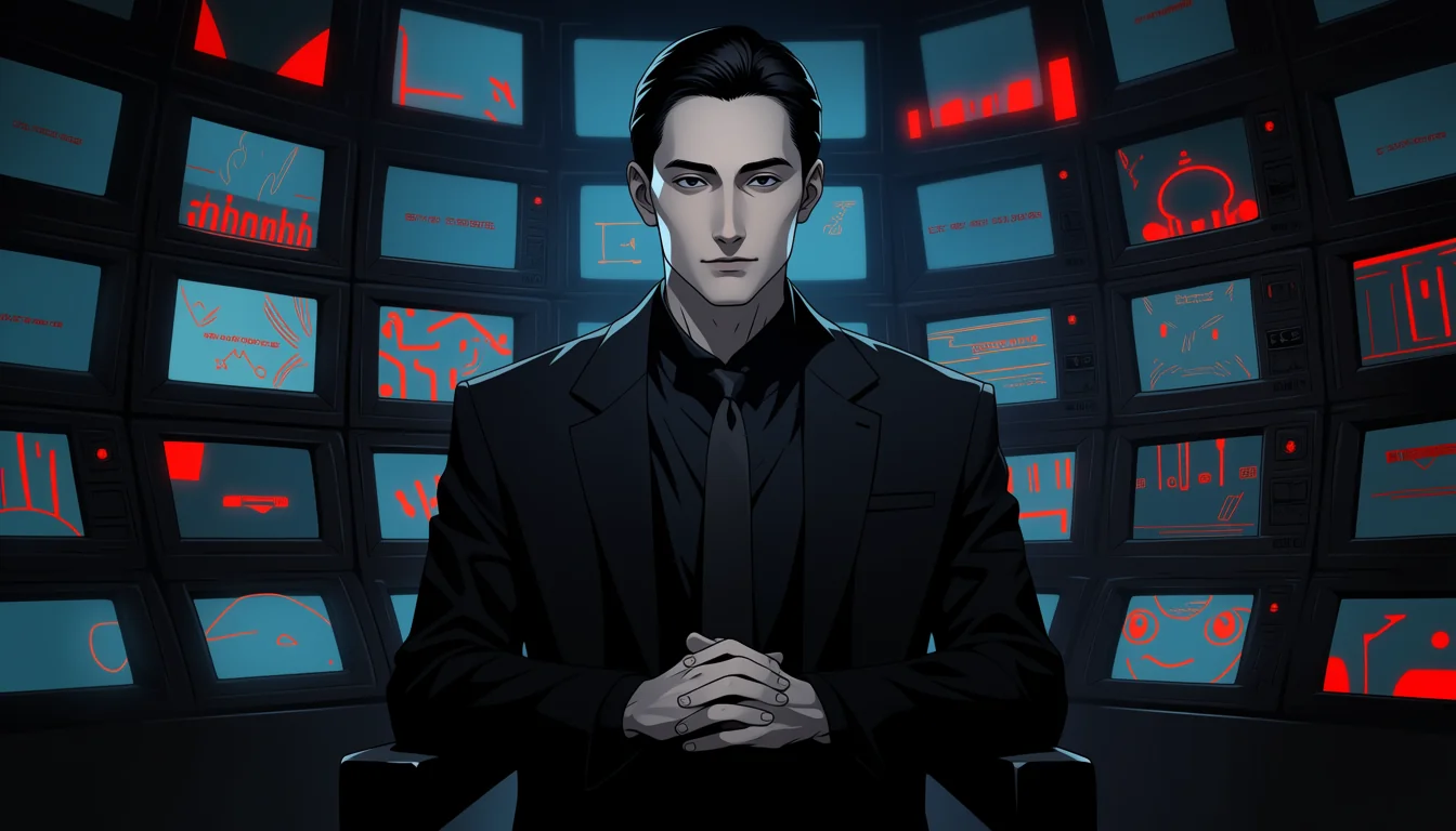 Mature anime film director in a late-night control room